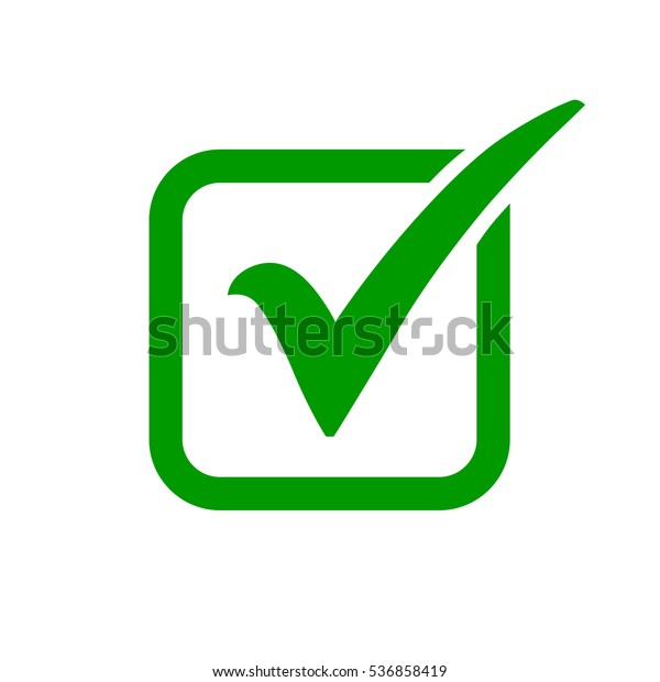 Green check mark icon in a box. Tick symbol\
in green color, vector\
illustration.