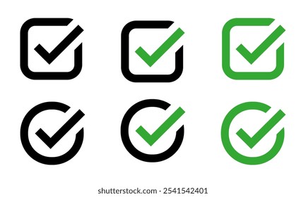 Green check mark icon, checkbox or approved symbol in circle and square shapes, tick sign with black and green color combination, flat checkmark sign vector set, Correct vote choice isolated symbol