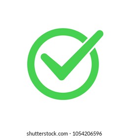 Green check mark icon in a circle. Flat design, vector illustration on background