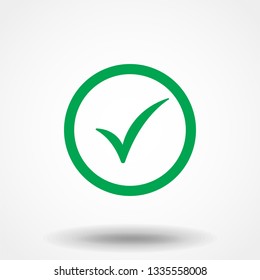 Green check mark icon in a circle. Tick symbol in green color, vector illustration.