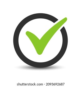 Green check mark icon in a circle. Tick symbol in green color, vector illustration.
