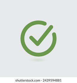 Green check mark icon in a circle. Tick symbol in green color, Stock vector illustration isolated on dark background.