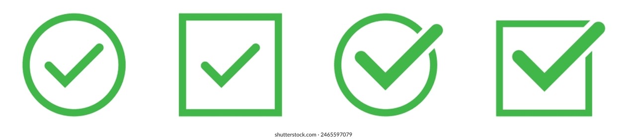 Green check mark icon. Check mark in circle and square - stock vector.