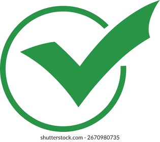 Icono verde de la marca de verificación en un círculo que representa la confirmación y el Acuerdo en el fondo blanco