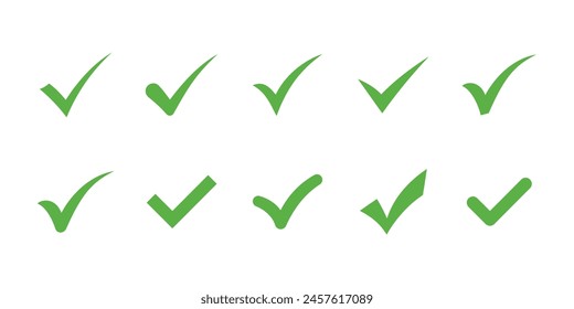 Green check mark icon collection. Tick symbol in green color, vector illustration.