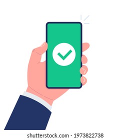 Green check mark icon on smartphone screen. Hand holding smartphone with green tick. Vector illustration.
