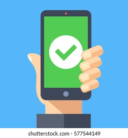 Green check mark icon on smartphone screen. Hand holding smartphone with green tick. Modern flat design graphic elements for web banner, web site, printed materials, infographics. Vector illustration.
