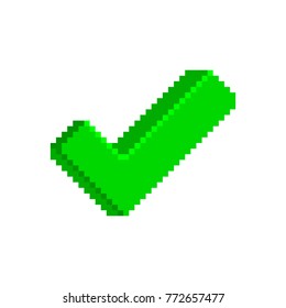 Green check mark icon in pixelated style. Vector retro icon isolated on white background. Retro game element. Approved.