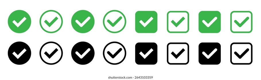 Grünes Häkchen. Symbol für Qualitätszeichen. Markierungssymbolsatz. Vektorgrafik
