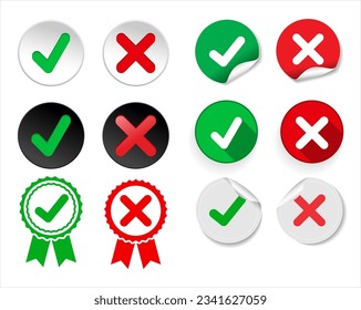 Green check mark icon and red cross mark simple dark icons collection