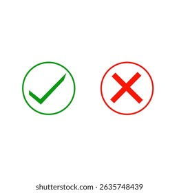 Green check mark icon. Red cross mark. Vector checkmark button. Tick symbol. Illustration isolated on white background.