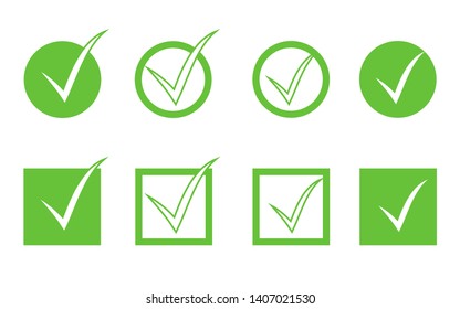 Green check mark icon set isolated on white background. Flat tick icons, circle, square or box. Design element for web form, button, ui, checklist and poll. Clip art. Vector illustration