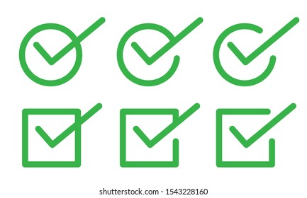 Green check mark icon set. Tick symbol in circle and square