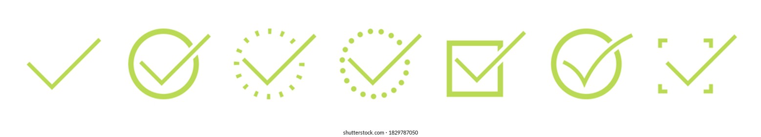 Green check mark icon set. Circle and square. Tick symbol in green color, vector illustration.