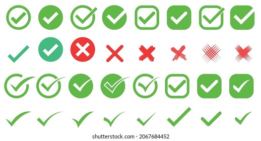 Green check mark icon set, red cross mark icon set, green box set, checklist signs, approval badge. Vector illustration isolated on a white background.