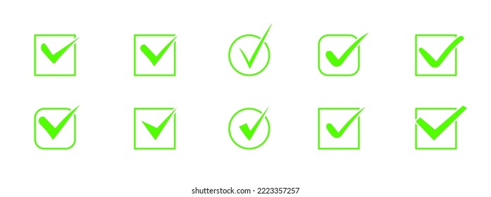 Conjunto de iconos de marca de verificación verde. Marcar icono vector. Comprobación de la aprobación de estilo plano. Círculo y cuadrado. Marque el símbolo en color verde. Ilustración vectorial.