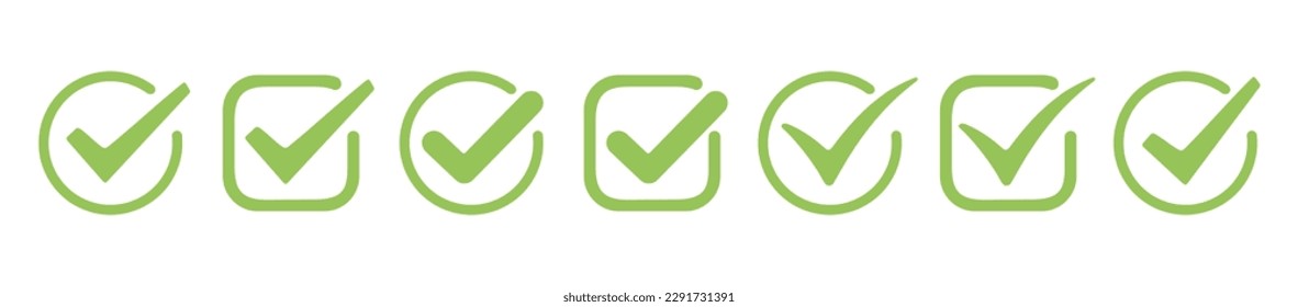 Symbol mit grünem Häkchen eingestellt. Kreis und Quadrat. Zecksymbol in grüner Farbe, Vektorgrafik