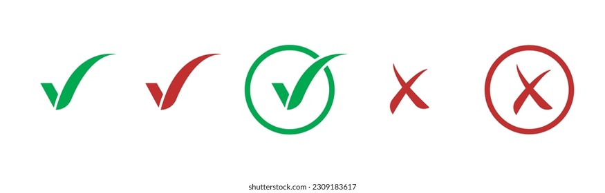 Icono de marca de verificación verde conjunto.icono de marca de cruz roja.Icono de botón de lista de marca de verificación de marca de marca.Diseño de marca de verificación plana y moderna.Ilustración vectorial.