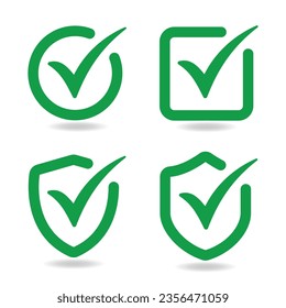 Green check mark icon set. Tick symbol in green color. Vector illustration.