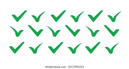 Green check mark icon set, hand-drawn checkmark illustration, approval check icon isolated on transparent green check mark symbols