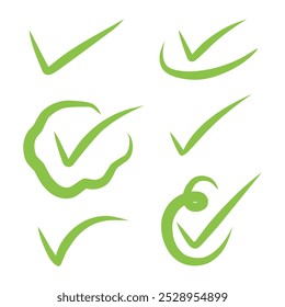 Conjunto de iconos de marca de verificación verde aislado sobre fondo blanco.