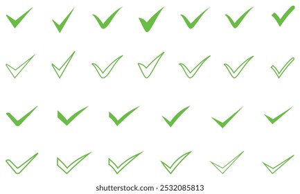Green check mark icon set. Tick ok, approve, accept icons set. Tick symbol in green color. Hand-drawn checkmark illustration. transparent Green check mark, green and white color tick symbols set.