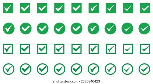 Ícone de marca de seleção verde definido. Símbolo de tique na cor verde. Ícone de vetor de marca de seleção. Ilustração de marca de seleção. Marcas de tique em círculos. Marca de seleção verde isolada no fundo branco.