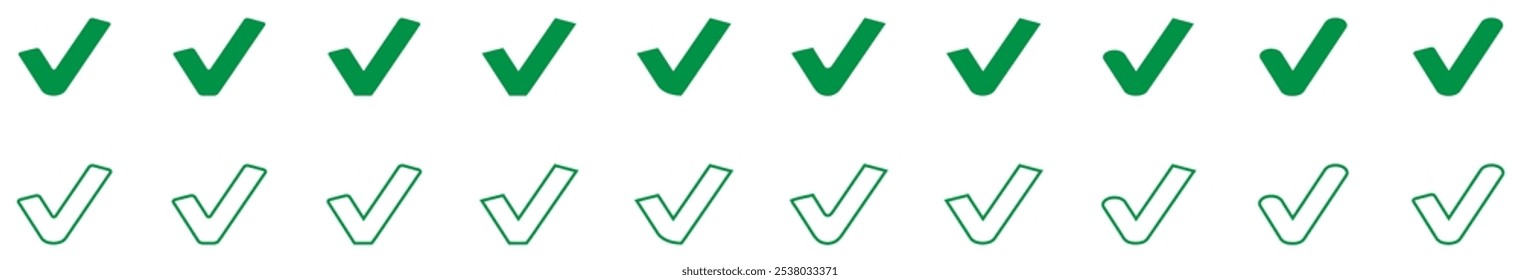 green check mark icon set. Check mark icon symbols, vector Illustration. Set tick ✅ mark icon. green check marks with fill color. flat design tick marks with fill color