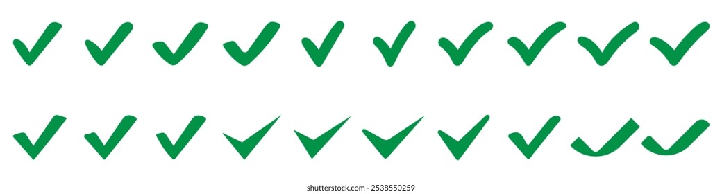 Green check mark icon set. hand-drawn checkmark illustration, approval check icon isolated on white background. green check mark symbols. tick mark icons.