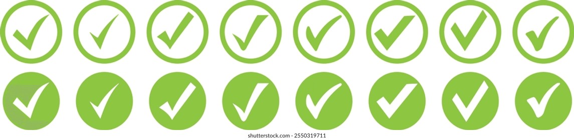 Symbolsatz für grünes Häkchen. Grünes Markieren und Bestätigen des Symbolvektordesigns. Kästchen ankreuzen, Kästchen Symbol Zeichen Vektorgrafik.