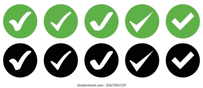 Green check mark  icon set, circle, and square. Tick symbol in green color. Hand-drawn checkmark illustration. transparent Green check mark, green circle white tick symbols. 