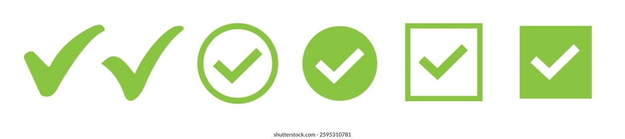 Green check mark icon set. Circle and square. Tick symbol in green color, vector illustration.