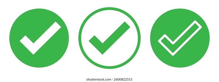 Green check mark icon set, hand-drawn checkmark vector approval check icon isolated on white green check mark symbols. check box icon set with circle and square. vector illustration eps 888.