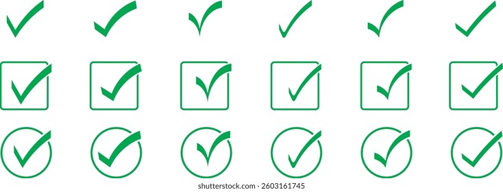 Green check mark icon set, check mark approved symbols in green color, accept checkmark icons green tick mark. Vector icons in flat style.