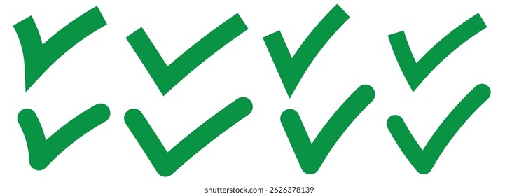 Green check mark icon set, hand-drawn checkmark illustration, approval check icon isolated on transparent green check mark symbols