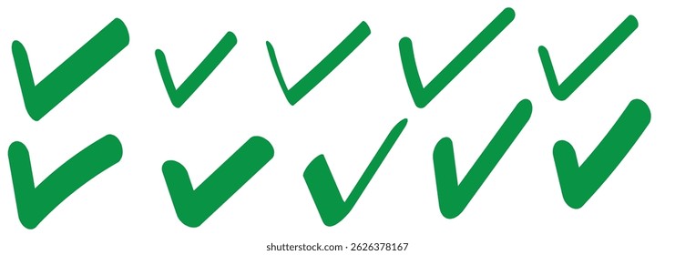 Green check mark icon set, hand-drawn checkmark illustration, approval check icon isolated on transparent green check mark symbols