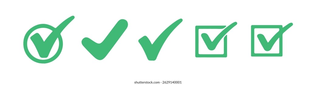 Green check mark icon set, hand-drawn checkmark illustration, approval check icon Victor illustration.