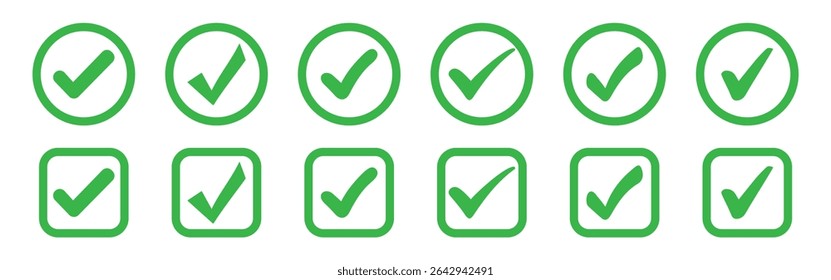 Green check mark icon set. Circle and Square vector illustration Check box icon with correct, accept checkmark icons tick box checked. Approve symbol. Green tick and red cross checkmarks. 