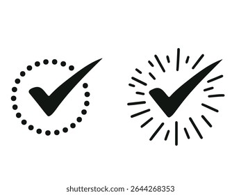Green check mark icon set, circle, and square. Tick symbol in green color. Hand-drawn checkmark illustration. transparent Green check mark, green circle white tick symbols. 