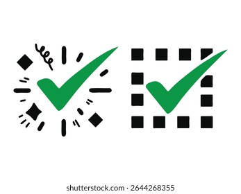 Green check mark icon set, circle, and square. Tick symbol in green color. Hand-drawn checkmark illustration. transparent Green check mark, green circle white tick symbols. 