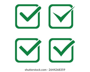 Green check mark icon set, circle, and square. Tick symbol in green color. Hand-drawn checkmark illustration. transparent Green check mark, green circle white tick symbols. 