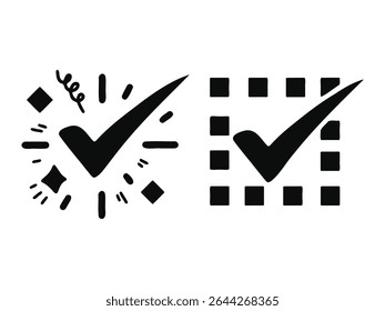 Green check mark icon set, circle, and square. Tick symbol in green color. Hand-drawn checkmark illustration. transparent Green check mark, green circle white tick symbols. 