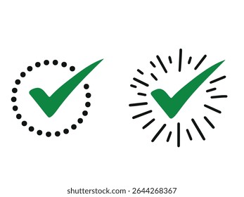 Green check mark icon set, circle, and square. Tick symbol in green color. Hand-drawn checkmark illustration. transparent Green check mark, green circle white tick symbols. 
