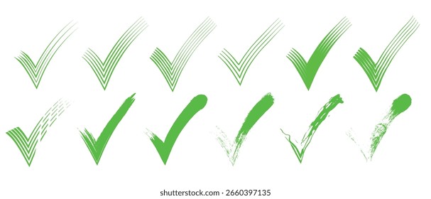 Green check mark icon set, circle and right. Tick symbol in green color. Hand drawn checkmark illustration. Vector illustration