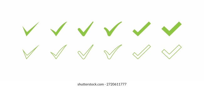 Green check mark icon set with solid and outline styles. Various tick symbols for approval, success, and checklist completion. Flat vector illustration isolated on white background