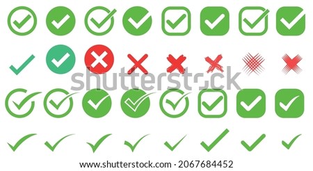 Green check mark icon set, red cross mark icon set, green box set, checklist signs, approval badge. Vector illustration isolated on a white background.