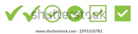 Green check mark icon set. Circle and square. Tick symbol in green color, vector illustration.