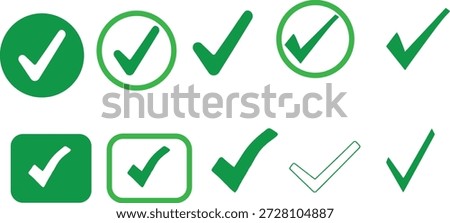 Green check mark icon set on white background. Collection of approval, verification, and confirmation symbols in multiple styles. Positive tick marks for UI, apps, and interfaces. 