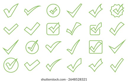 Grünes Häkchen Symbol markieren.  Symbol ankreuzen. Akzeptieren Sie das okay Symbol für Verbesserung oder Checklistenvektor. Korrektes Wahlzeichen. Genehmigungssymbol.  Piktogramme und Infografiken für mobile Apps.