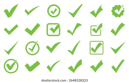 Ícone Marca de Seleção Verde.  Símbolo de marca. Aceitar símbolo ok para aprimoramento ou vetor de lista de verificação. Sinal de escolha de voto correto. Símbolo de marca de aprovação.  Pictogramas e infográficos para aplicativos móveis.